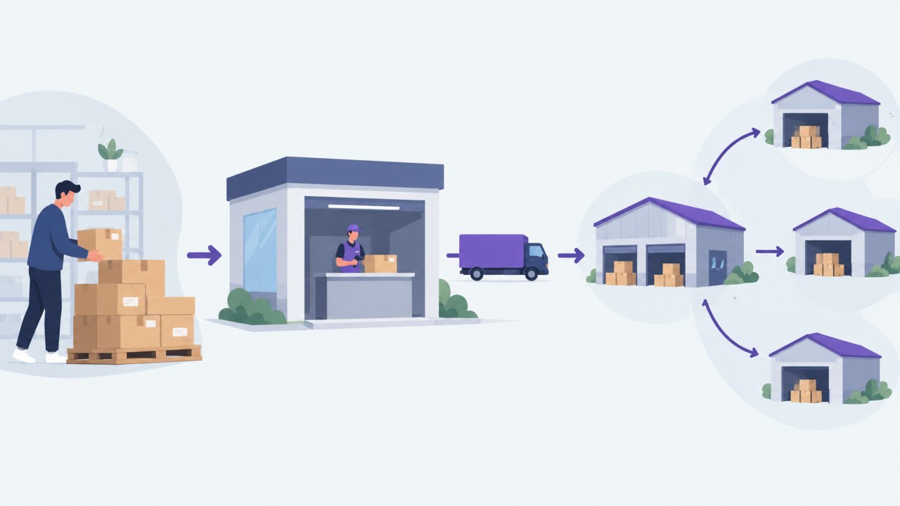 Схема новой логистики Wildberries: продавец сдаёт поставку в точку приёма, а маркетплейс распределяет товар между складами