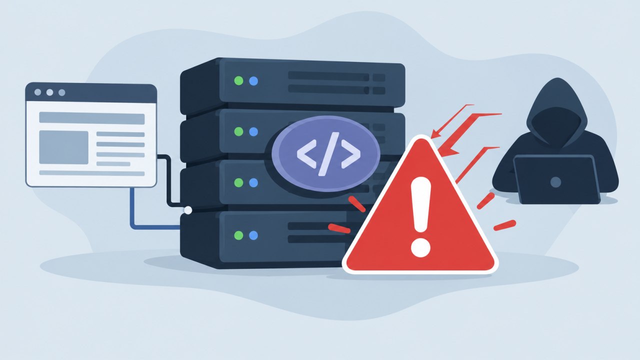 Схема веб-сервера с PHP и предупреждением о критической уязвимости, без текста и логотипов