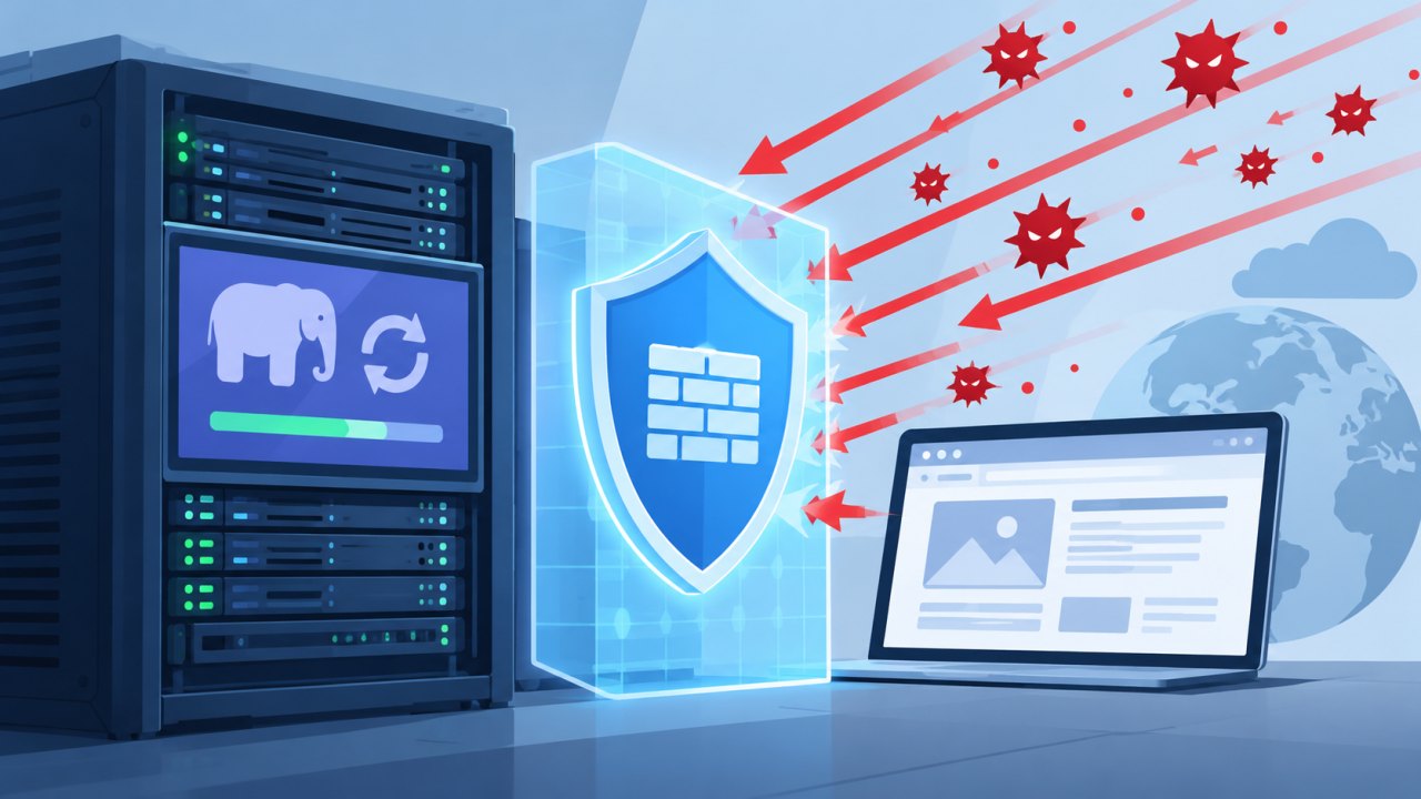 Серверная стойка с экраном обновления PHP и защитным слоем WAF перед сайтом, без текста и логотипов