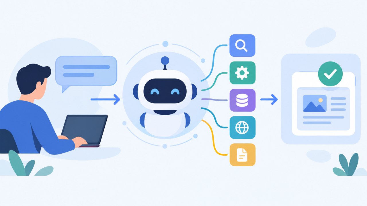 Схема работы AI-агента: пользовательская команда, вызов инструментов и итоговое действие, минималистичная технологичная композиция без текста