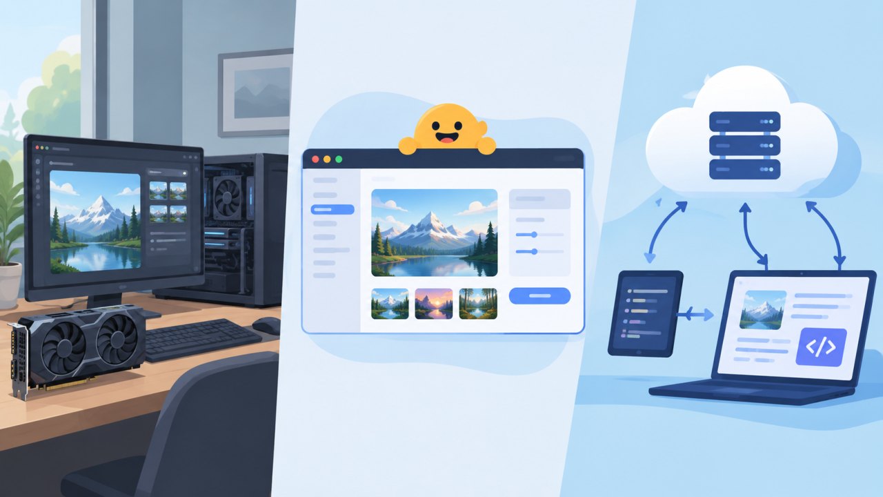 Коллаж из локального компьютера с потребительской видеокартой, интерфейса Hugging Face и облачного API; без логотипов и текста